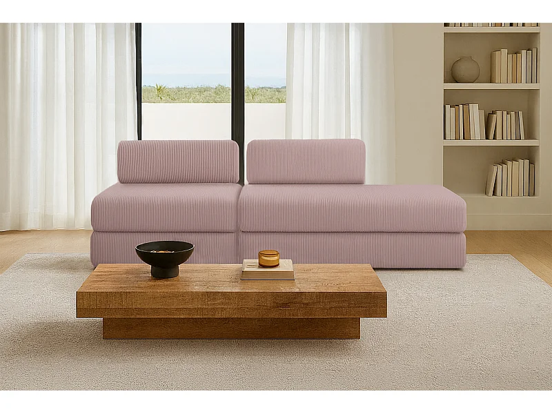 Canapé droit modulable et convertible 3 places - Velours côtelé - Rose pâle