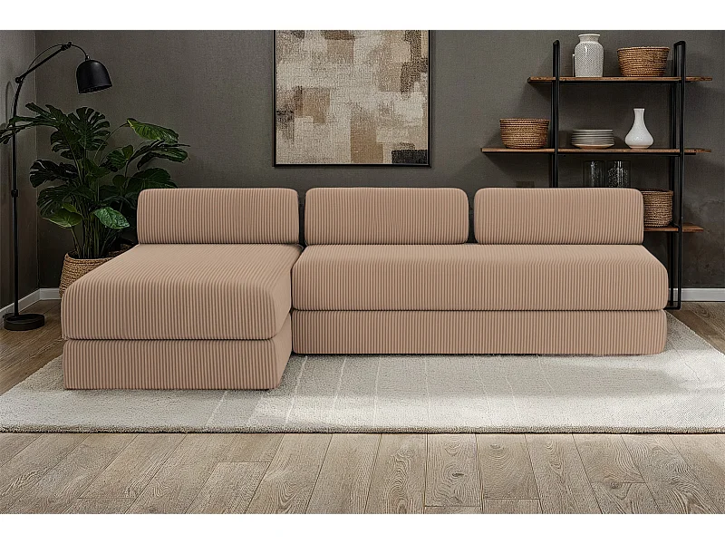 Canapé d'angle modulable et convertible 6 places - Velours côtelé - Taupe