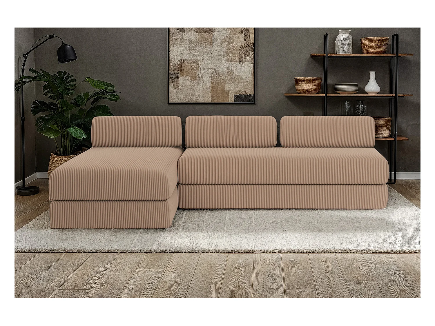 Canapé d'angle modulable et convertible 6 places - Velours côtelé - Taupe