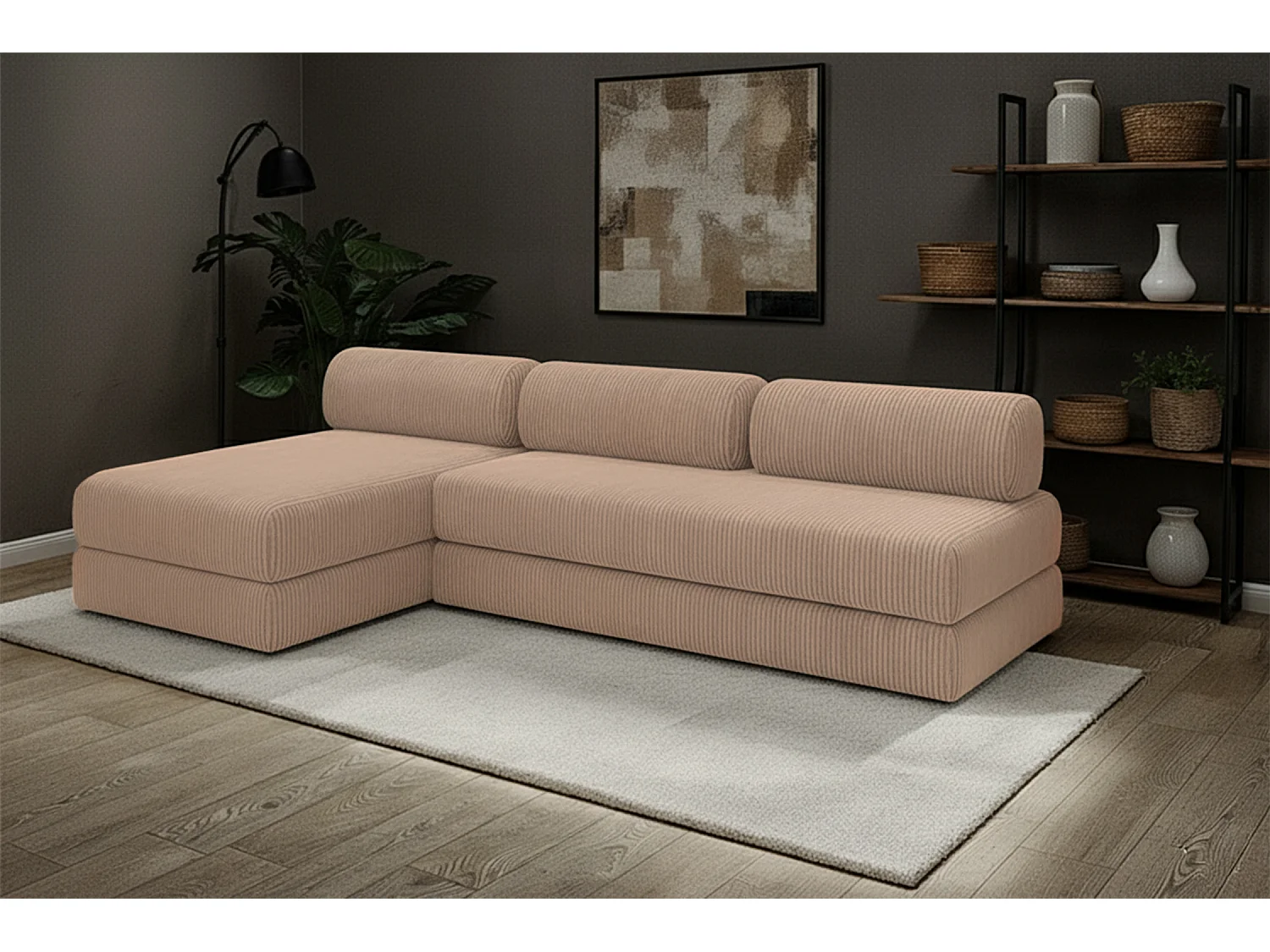 Canapé d'angle modulable et convertible 6 places - Velours côtelé - Taupe