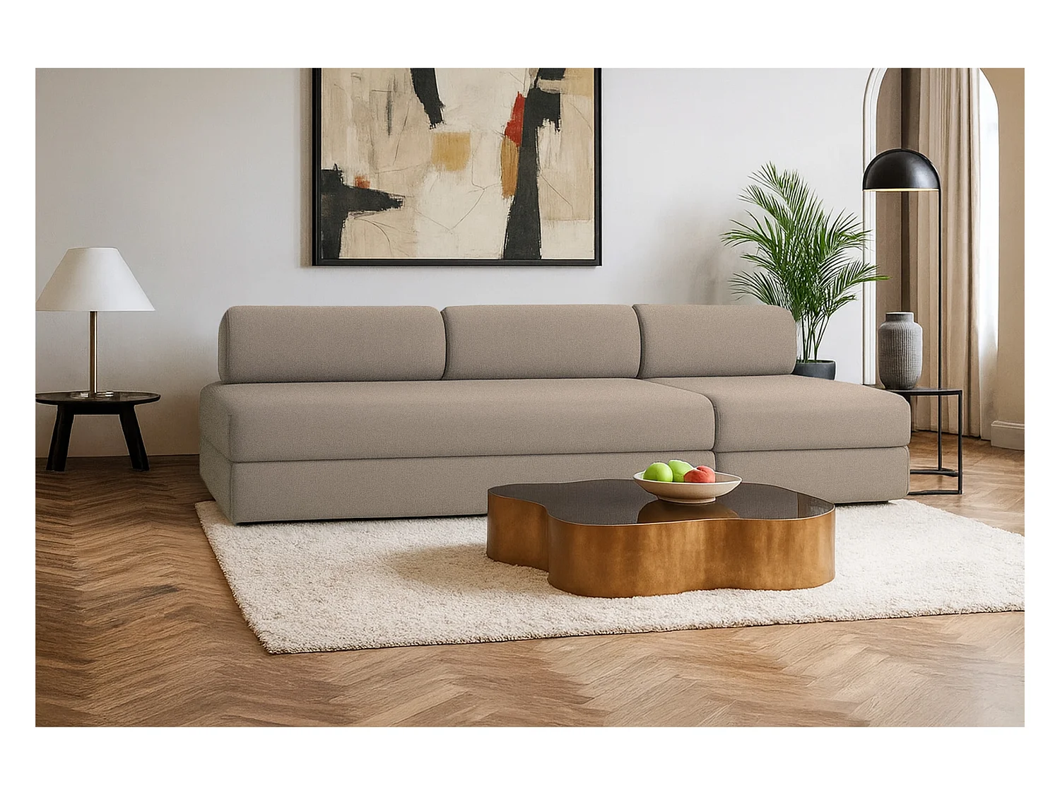 Canapé droit modulable et convertible 4 places - Tissu lisse - Taupe