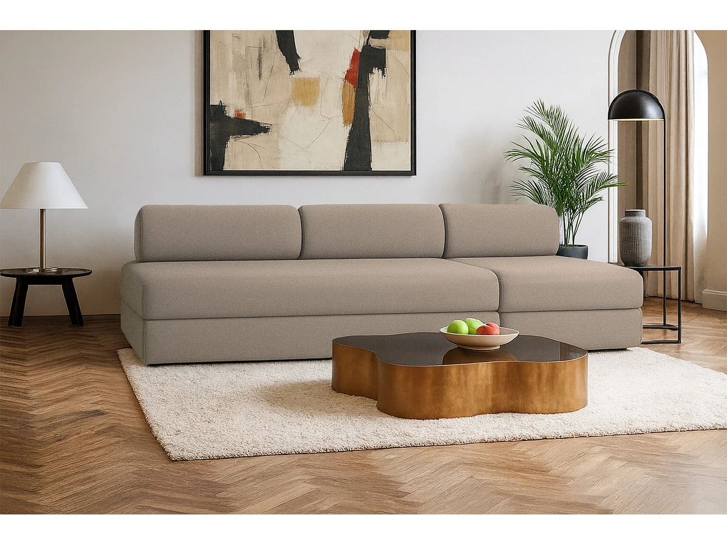 Canapé droit modulable et convertible 4 places - Tissu lisse - Taupe