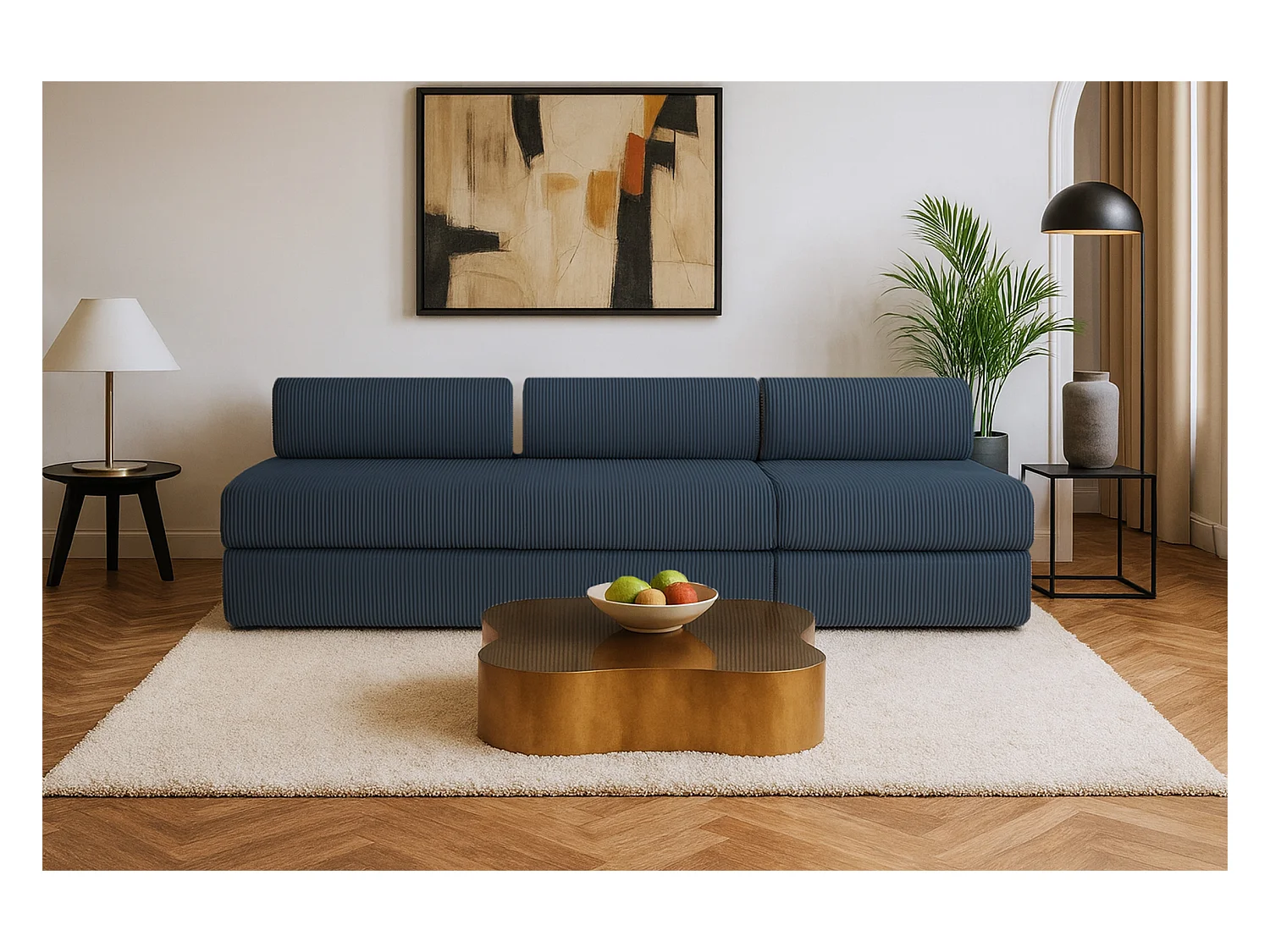 Canapé droit modulable et convertible 4 places - Velours côtelé - Bleu