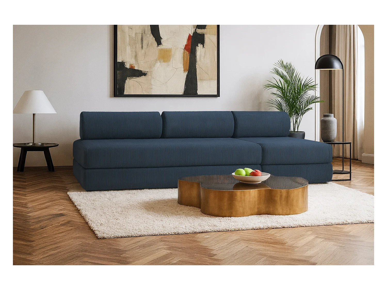 Canapé droit modulable et convertible 4 places - Velours côtelé - Bleu