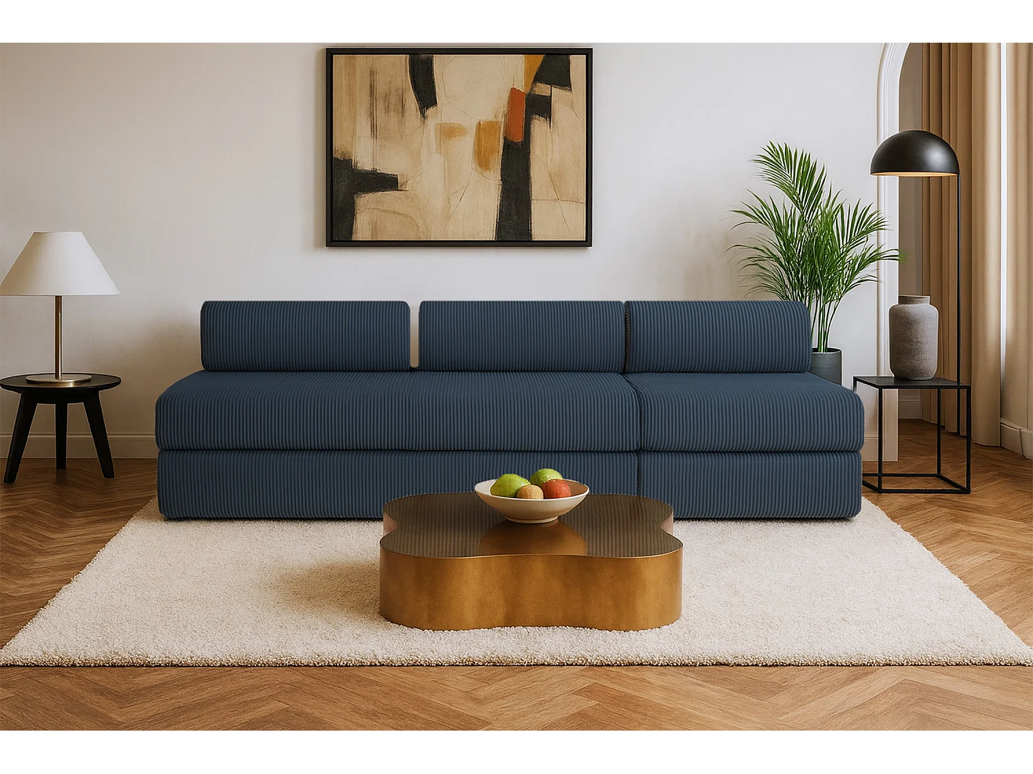 Canapé droit modulable et convertible 4 places - Velours côtelé - Bleu