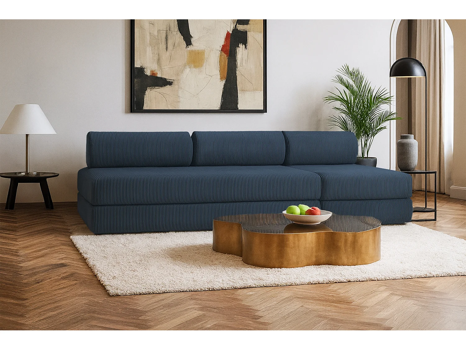 Canapé droit modulable et convertible 4 places - Velours côtelé - Bleu