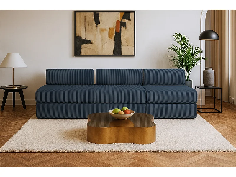 Canapé droit modulable et convertible 4 places - Velours côtelé - Bleu