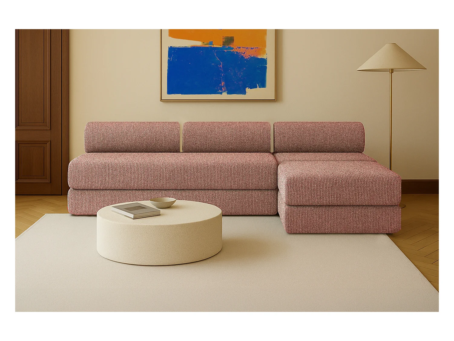 Canapé droit modulable et convertible 6 places - Tissu tweed - Rouge