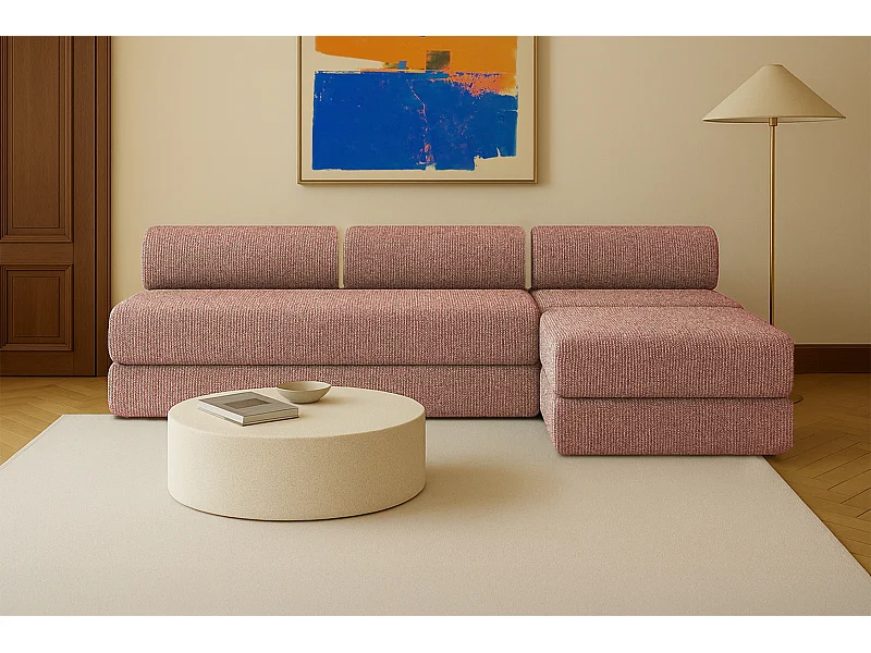 Canapé droit modulable et convertible 6 places - Tissu tweed - Rouge