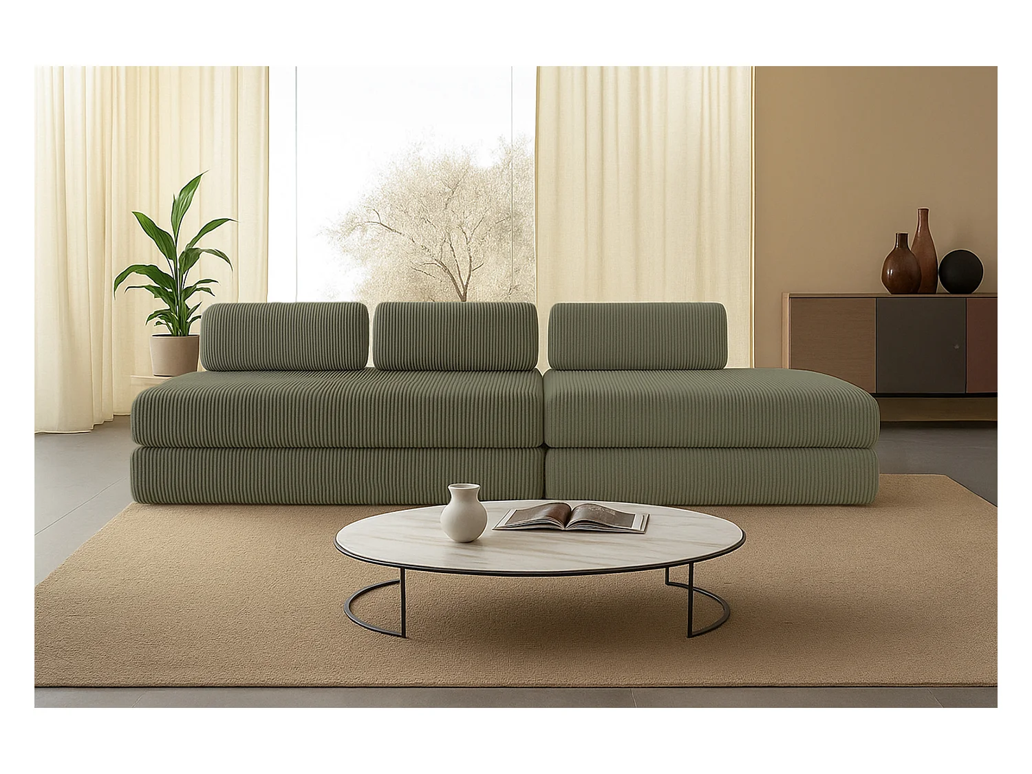 Canapé droit modulable et convertible 5 places - Velours côtelé - Vert