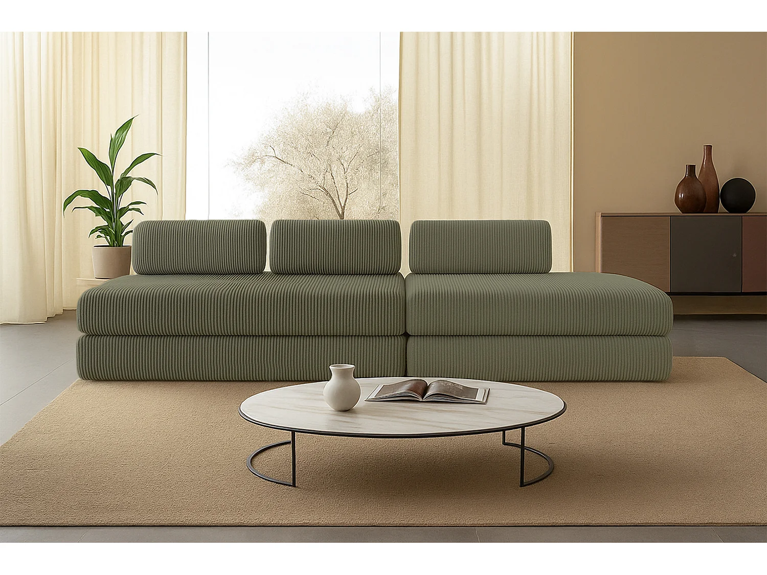 Canapé droit modulable et convertible 5 places - Velours côtelé - Vert