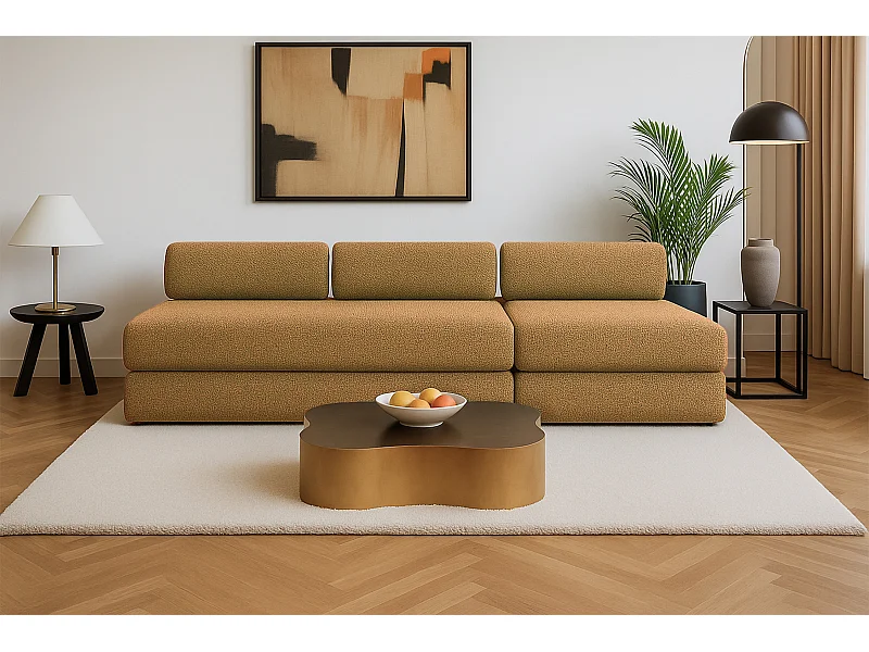 Canapé droit modulable et convertible 4 places - Tissu tweed - Jaune