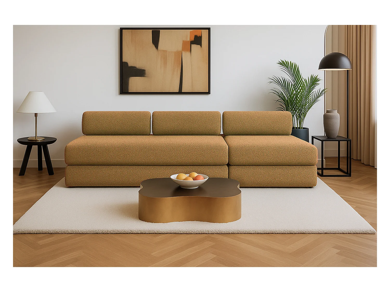 Canapé droit modulable et convertible 4 places - Tissu tweed - Jaune