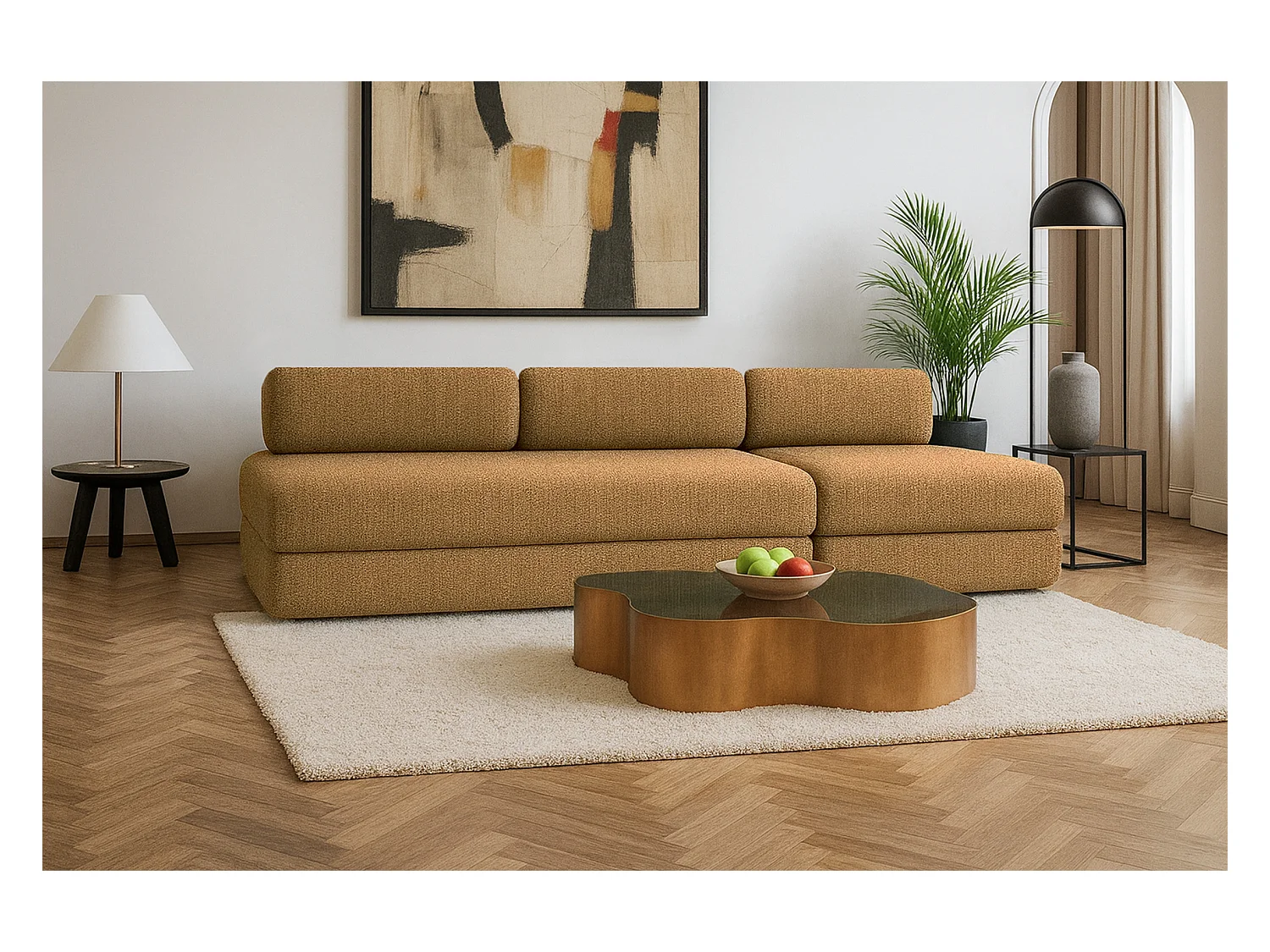 Canapé droit modulable et convertible 4 places - Tissu tweed - Jaune