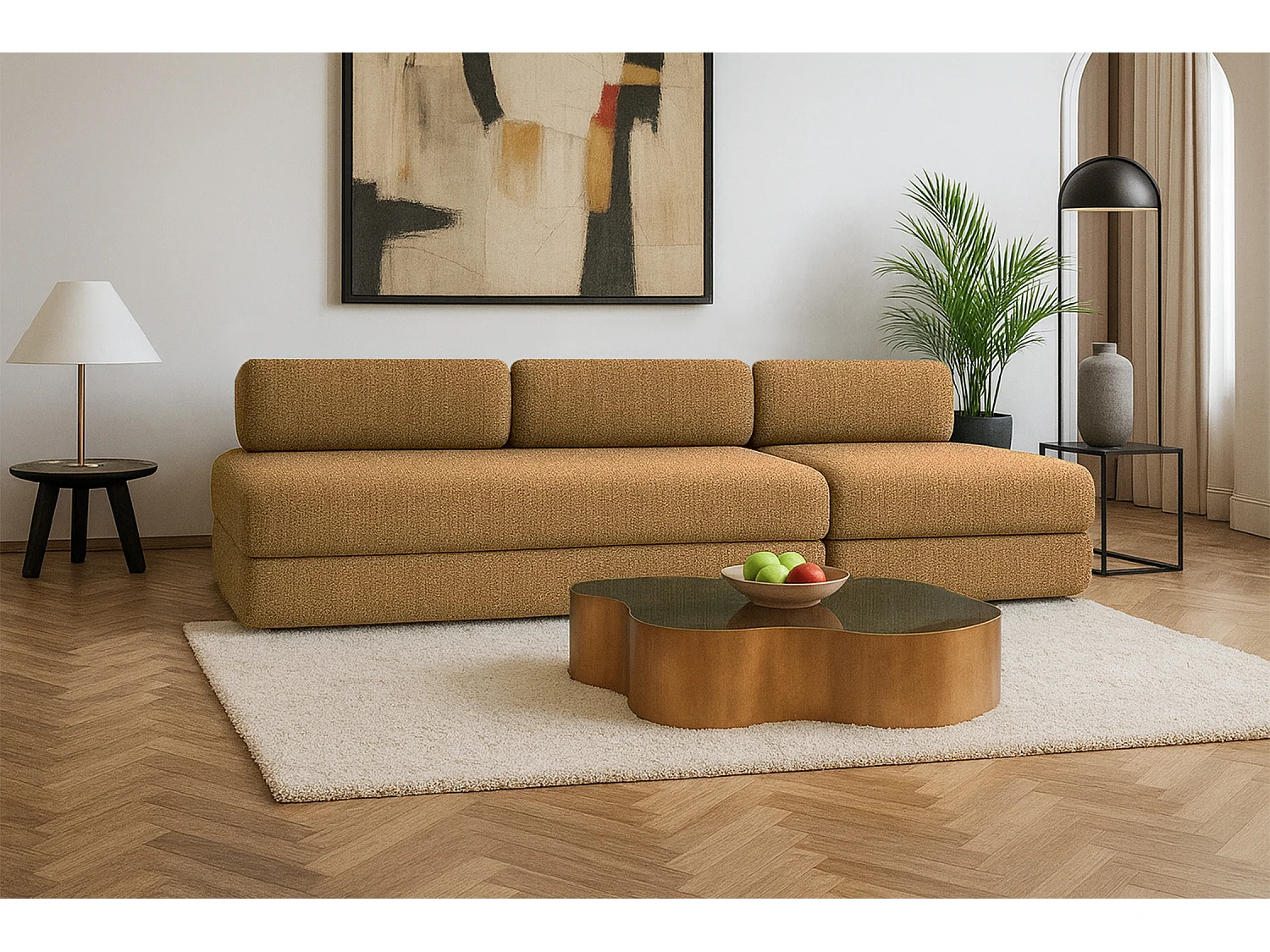 Canapé droit modulable et convertible 4 places - Tissu tweed - Jaune