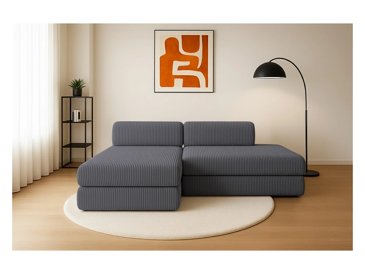 Canapé d'angle modulable et convertible 5 places - Velours côtelé XL - Gris