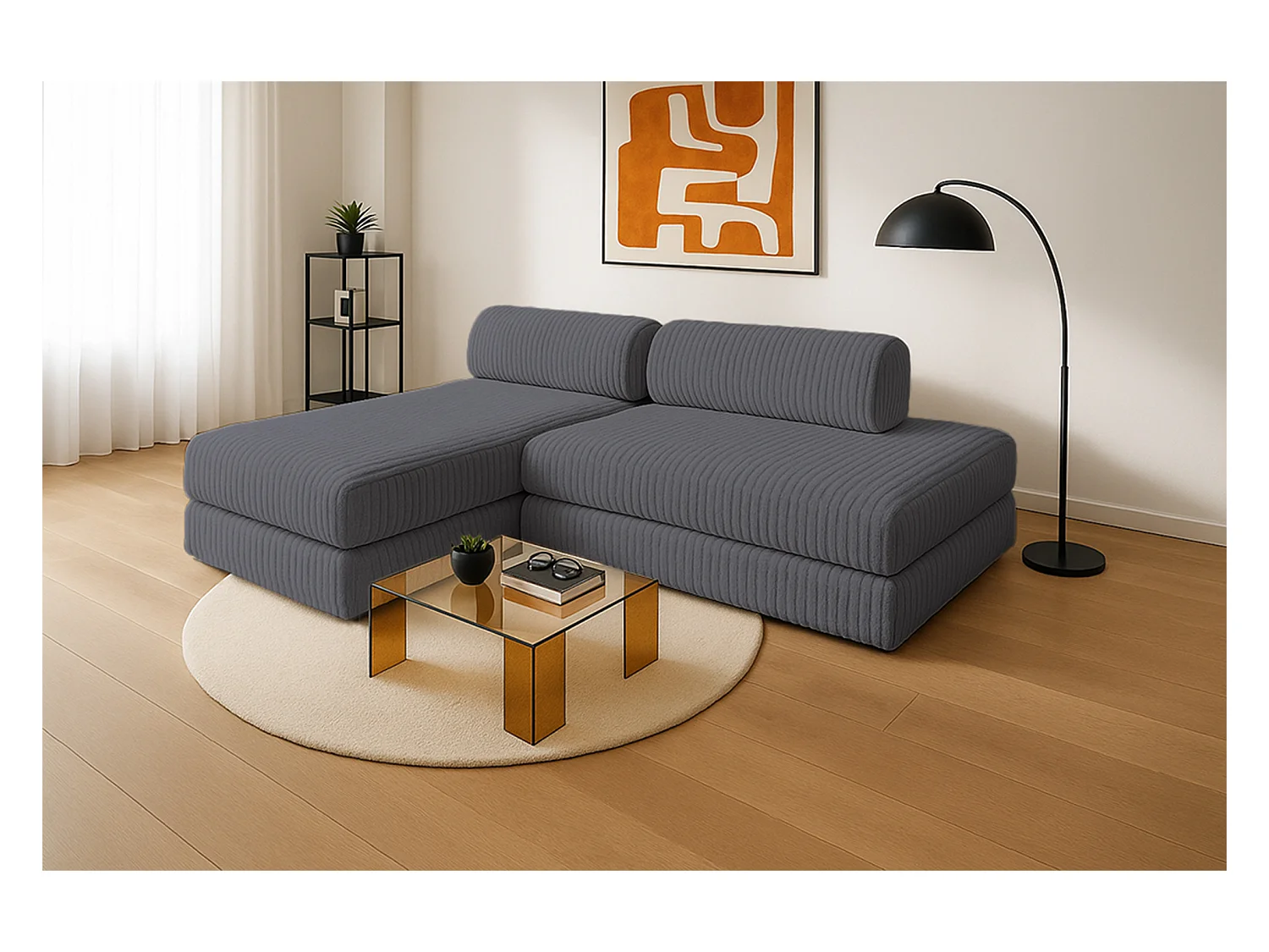 Canapé d'angle modulable et convertible 5 places - Velours côtelé XL - Gris