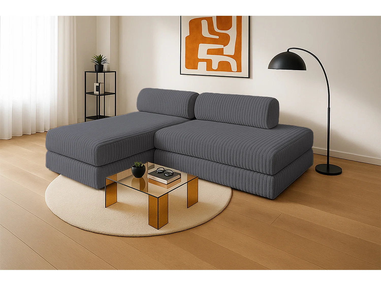 Canapé d'angle modulable et convertible 5 places - Velours côtelé XL - Gris