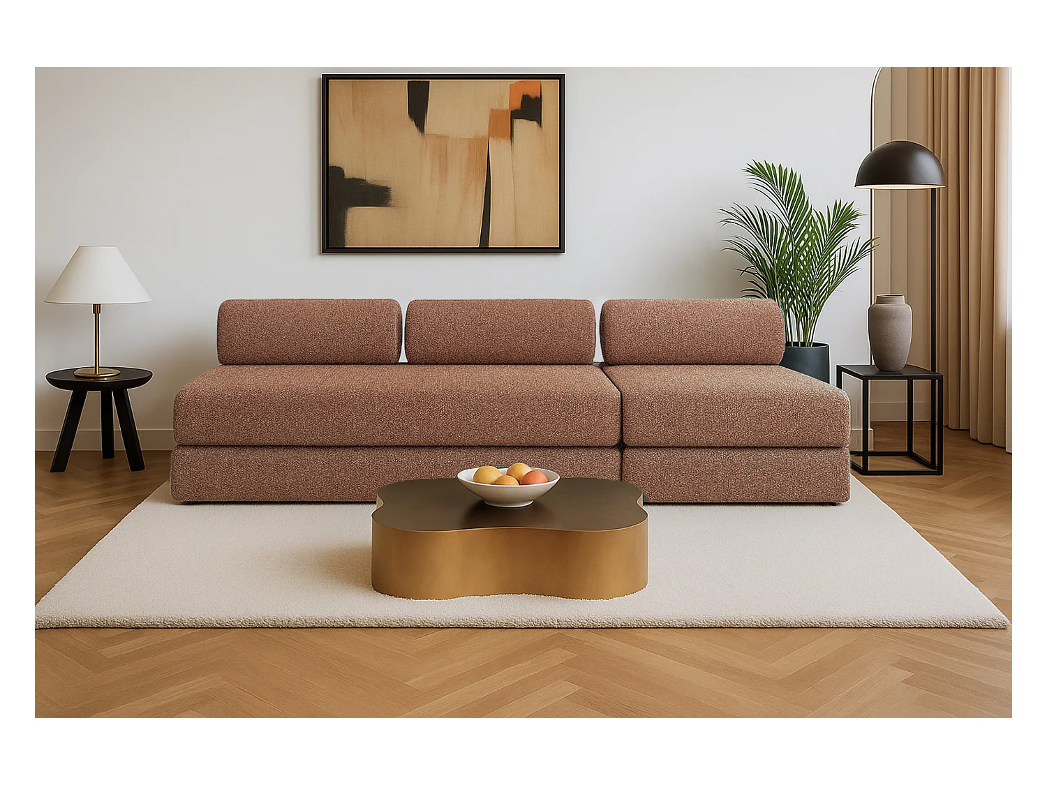 Canapé droit modulable et convertible 4 places - Tissu tweed - Rouge