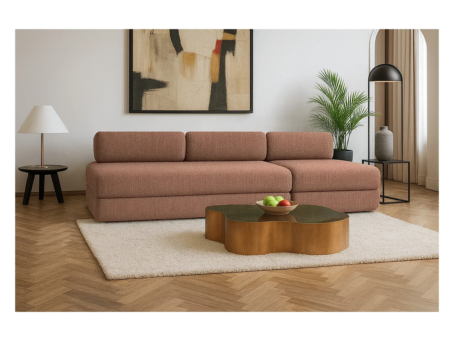 Canapé droit modulable et convertible 4 places - Tissu tweed - Rouge