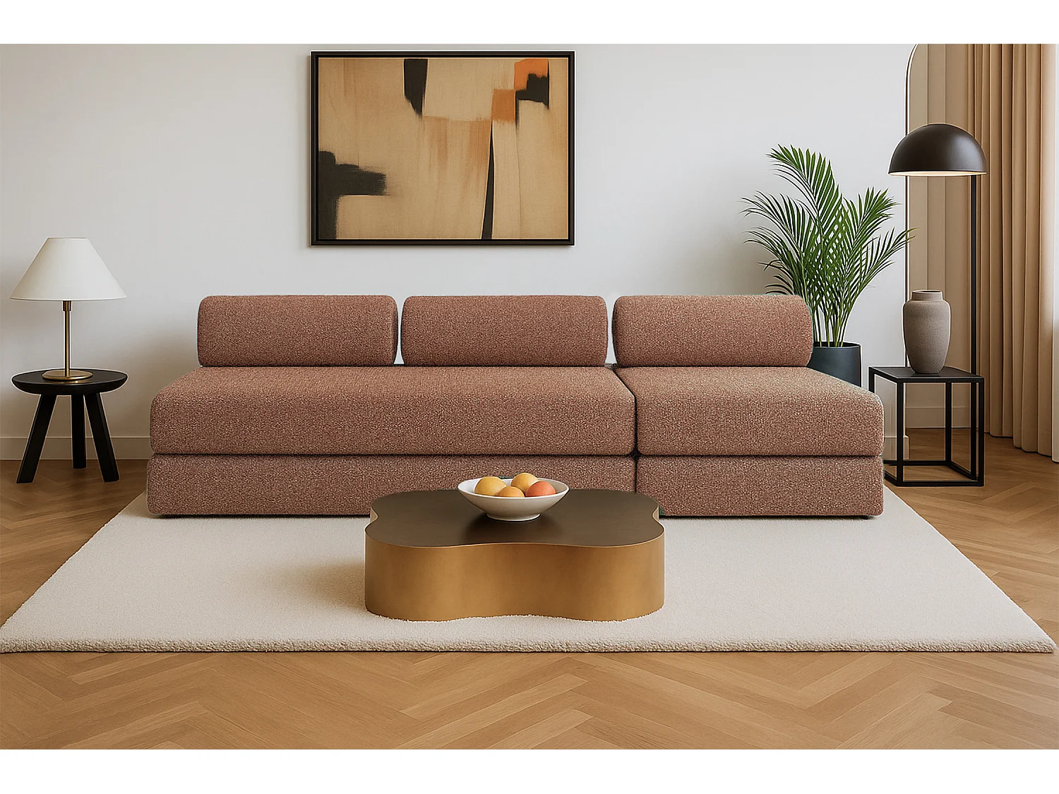 Canapé droit modulable et convertible 4 places - Tissu tweed - Rouge