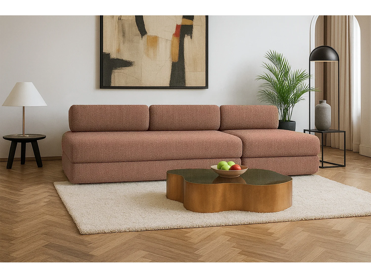 Canapé droit modulable et convertible 4 places - Tissu tweed - Rouge