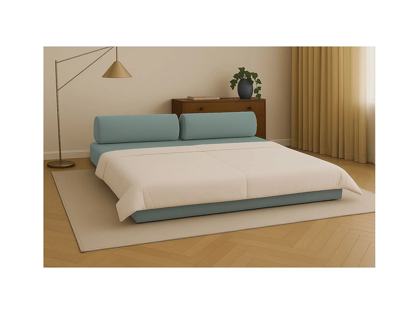 Canapé droit modulable et convertible 3 places - Tissu lisse - Bleu vert