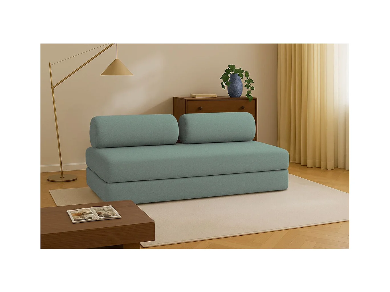 Canapé droit modulable et convertible 3 places - Tissu lisse - Bleu vert