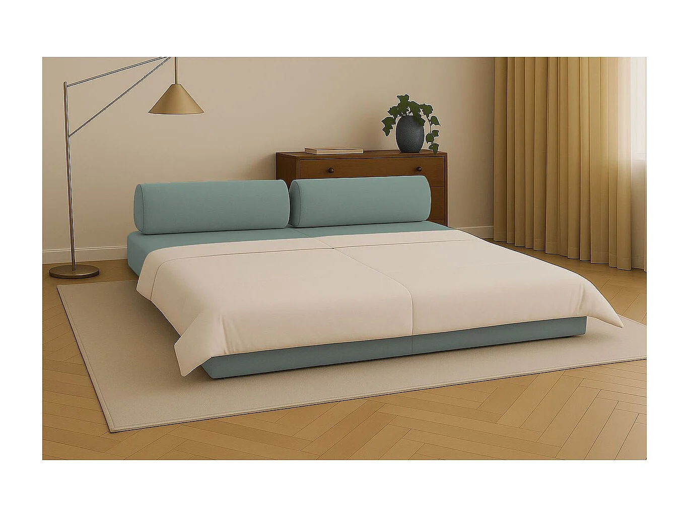 Canapé droit modulable et convertible 3 places - Tissu lisse - Bleu vert
