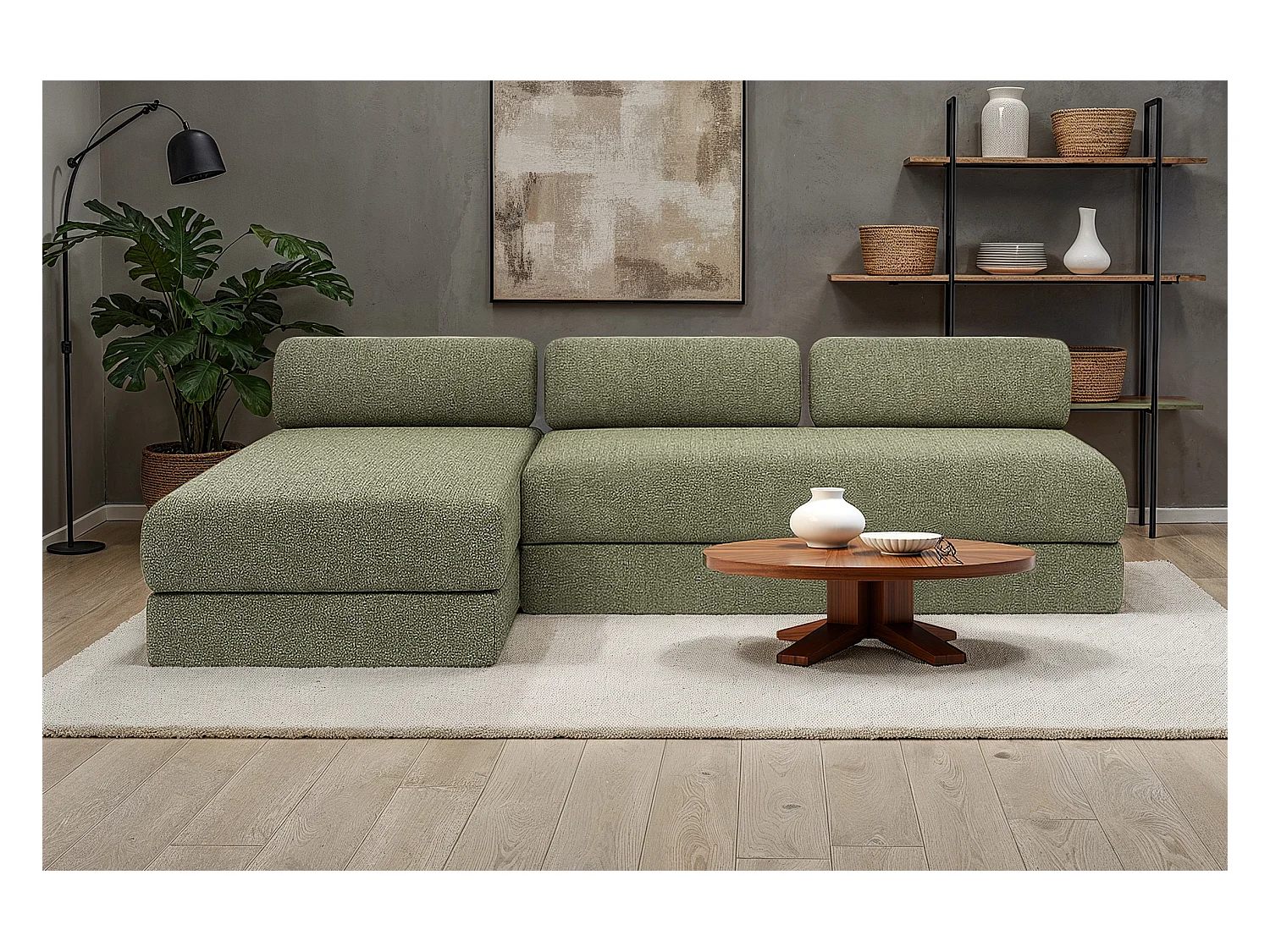 Canapé d'angle modulable et convertible 6 places - Tissu tweed - Vert