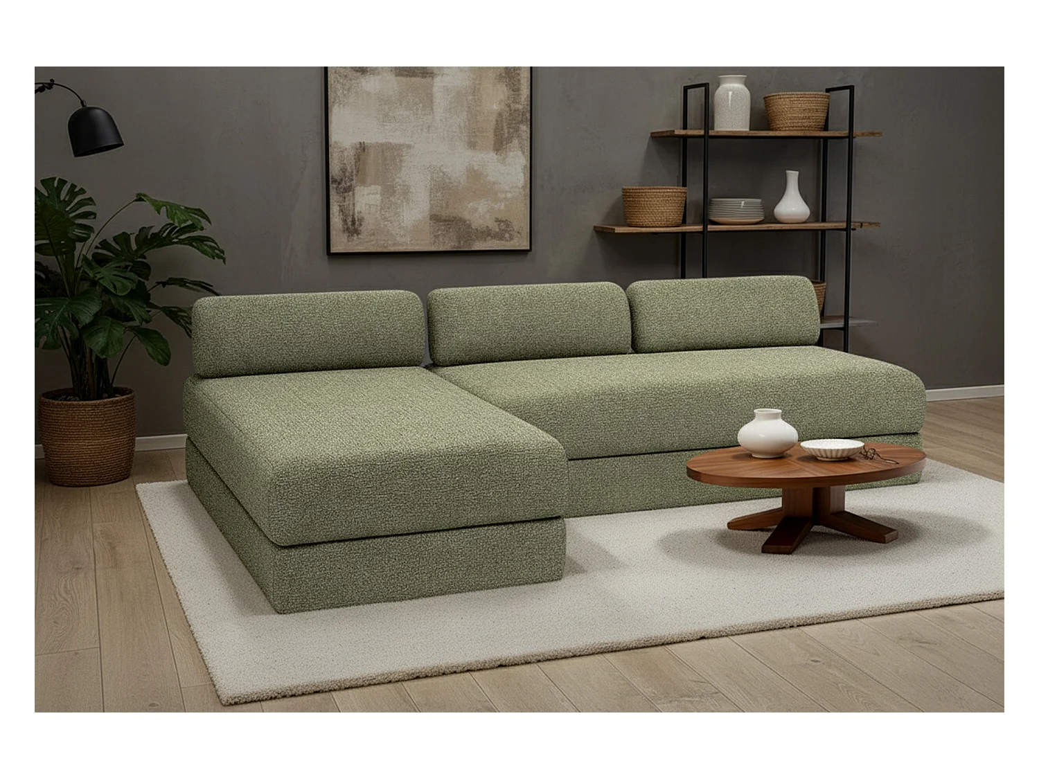 Canapé d'angle modulable et convertible 6 places - Tissu tweed - Vert