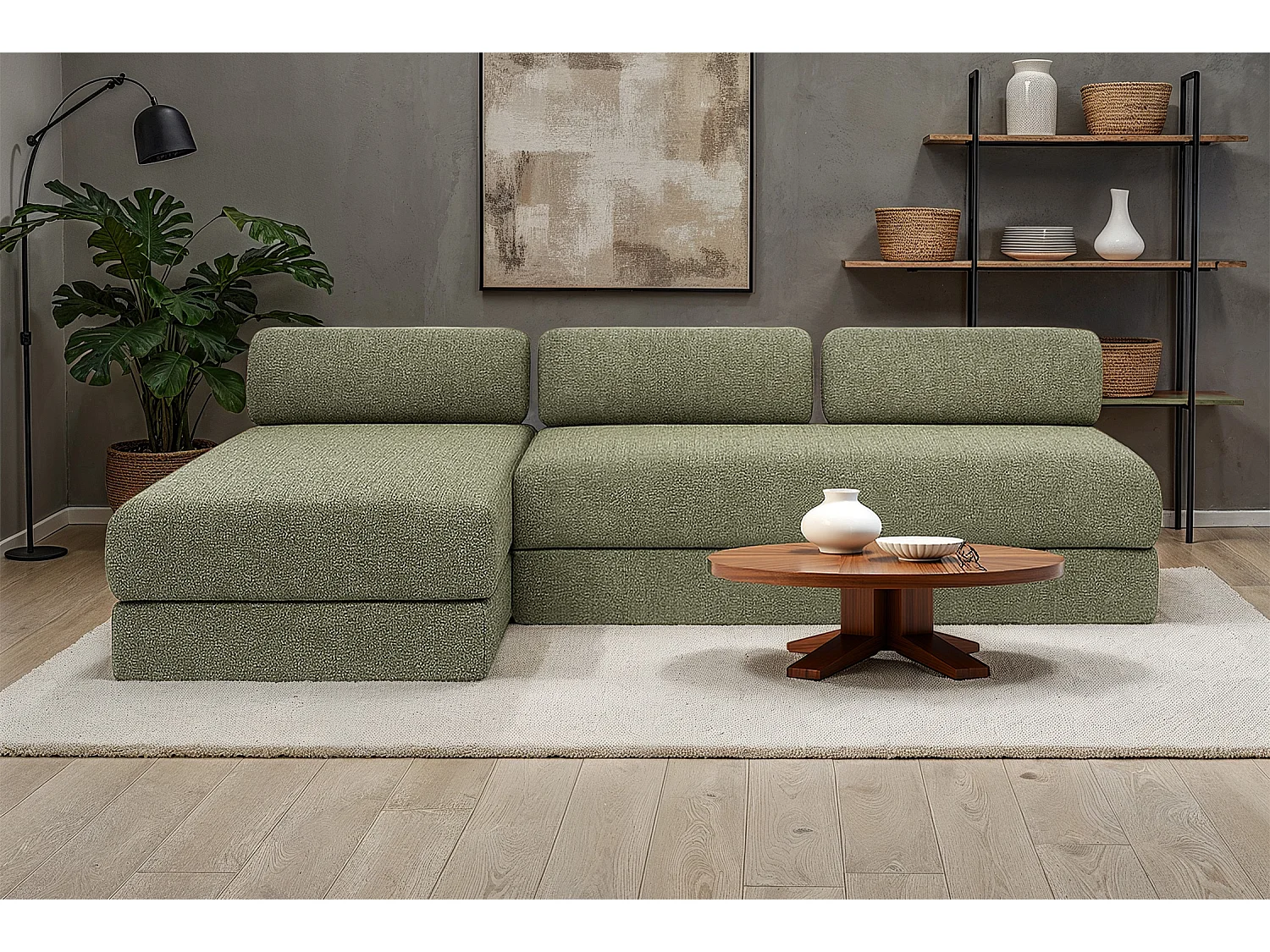 Canapé d'angle modulable et convertible 6 places - Tissu tweed - Vert