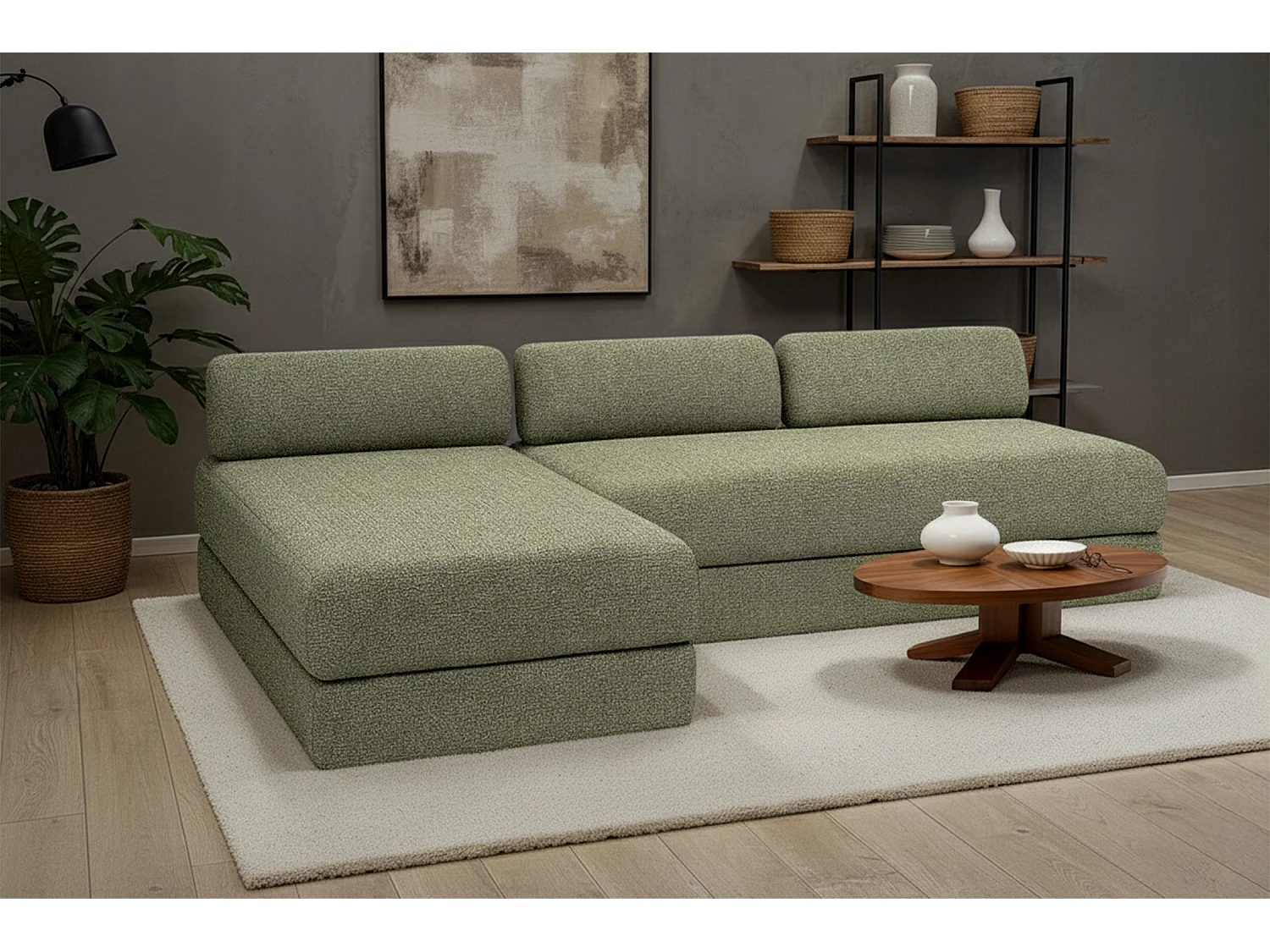 Canapé d'angle modulable et convertible 6 places - Tissu tweed - Vert