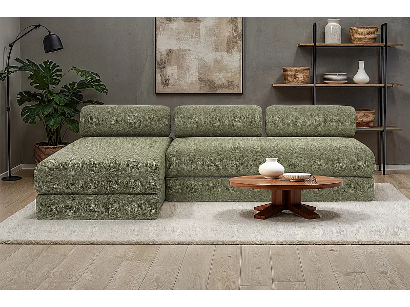 Canapé d'angle modulable et convertible 6 places - Tissu tweed - Vert