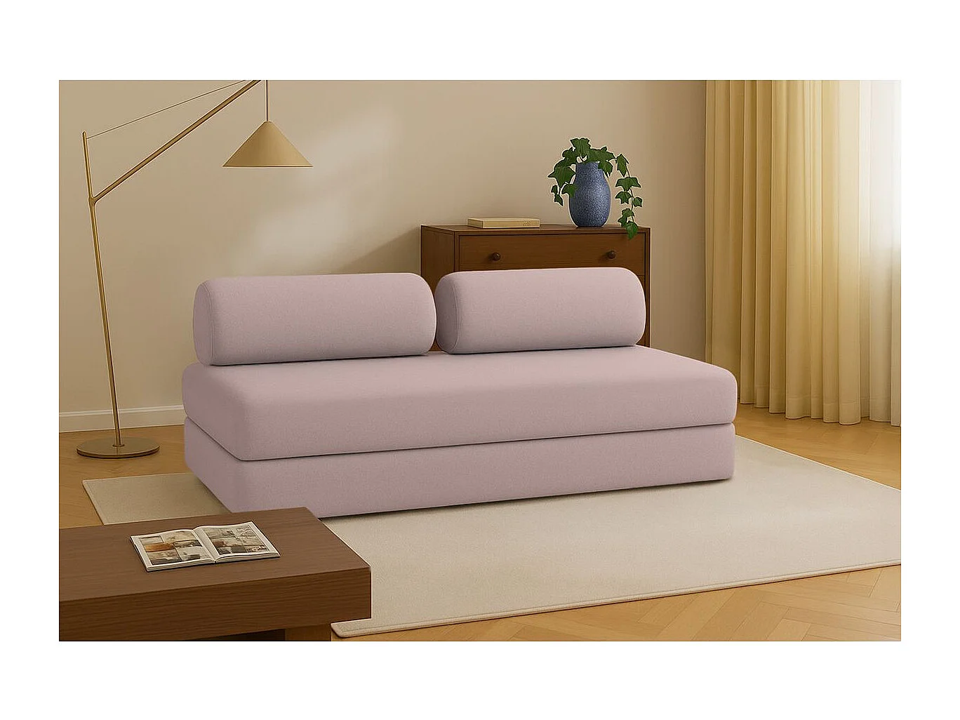 Canapé droit modulable et convertible 3 places - Tissu lisse - Rose