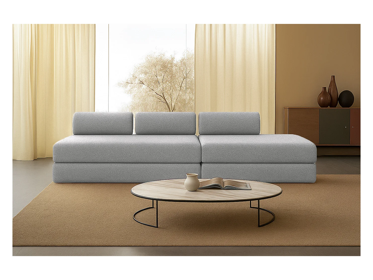 Canapé droit modulable et convertible 5 places - Tissu tweed - Gris