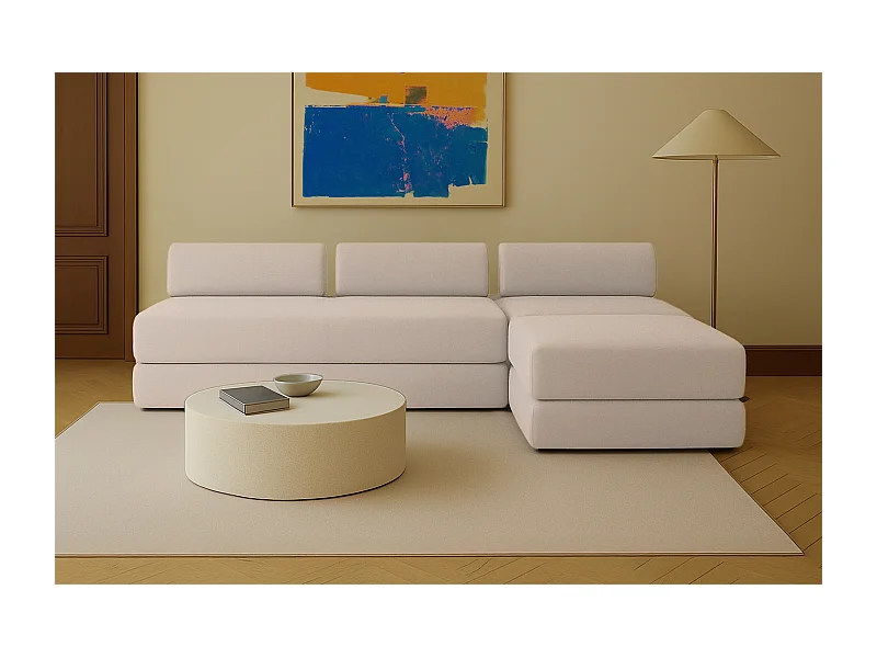 Canapé d'angle modulable et convertible 6 places - Tissu lisse - Beige