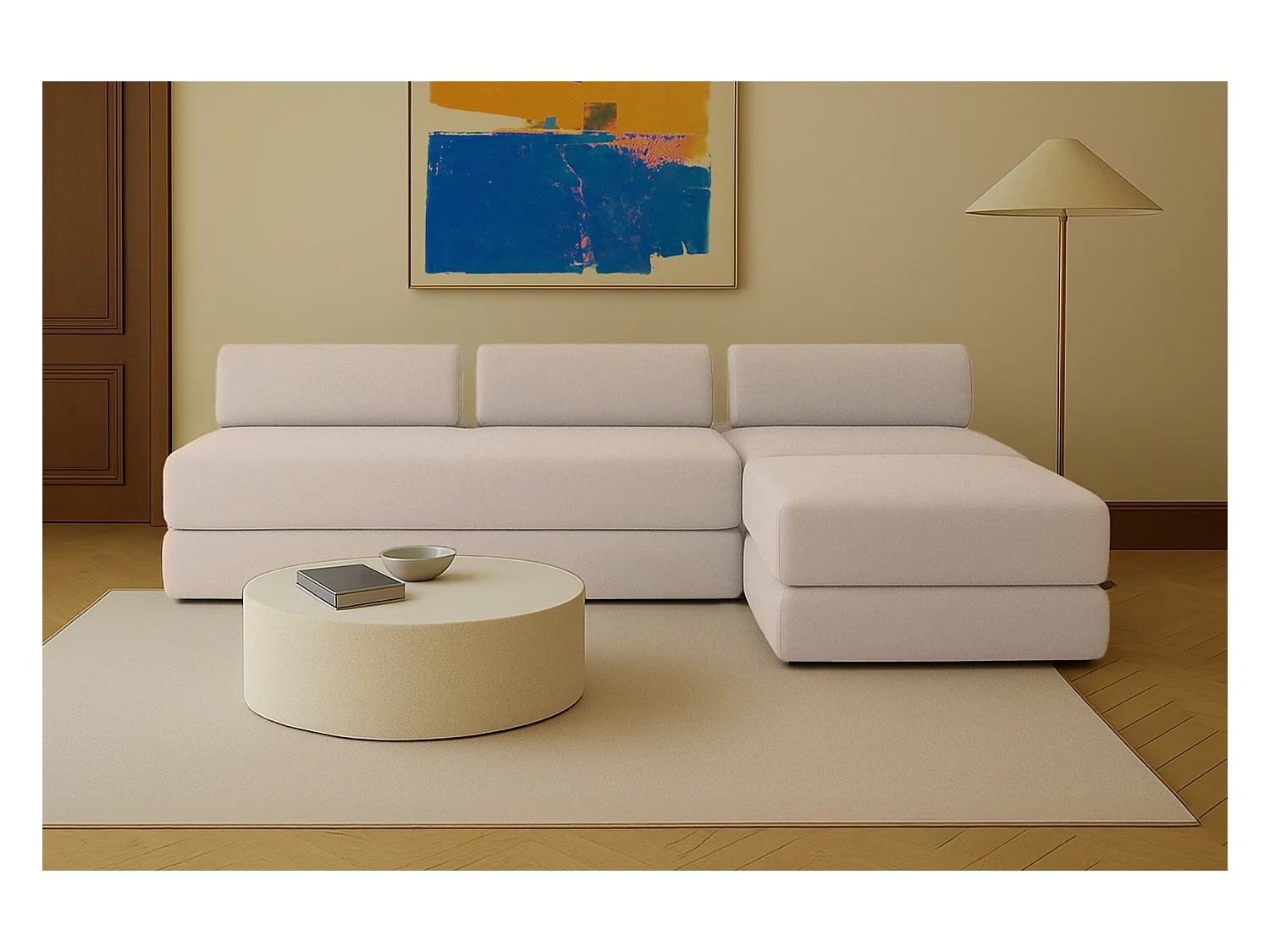 Canapé d'angle modulable et convertible 6 places - Tissu lisse - Beige