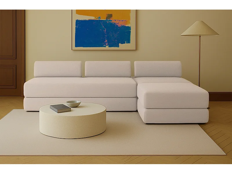 Canapé d'angle modulable et convertible 6 places - Tissu lisse - Beige