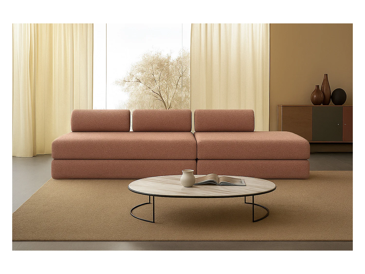 Canapé droit modulable et convertible 5 places - Tissu tweed - Rouge