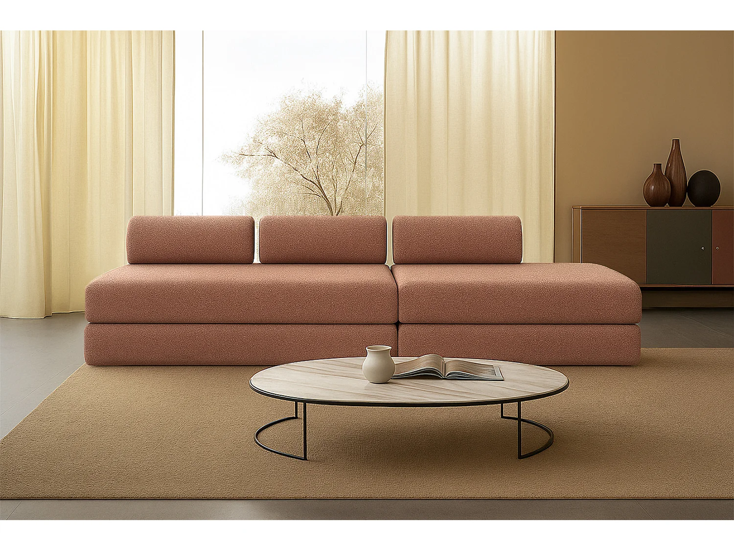 Canapé droit modulable et convertible 5 places - Tissu tweed - Rouge