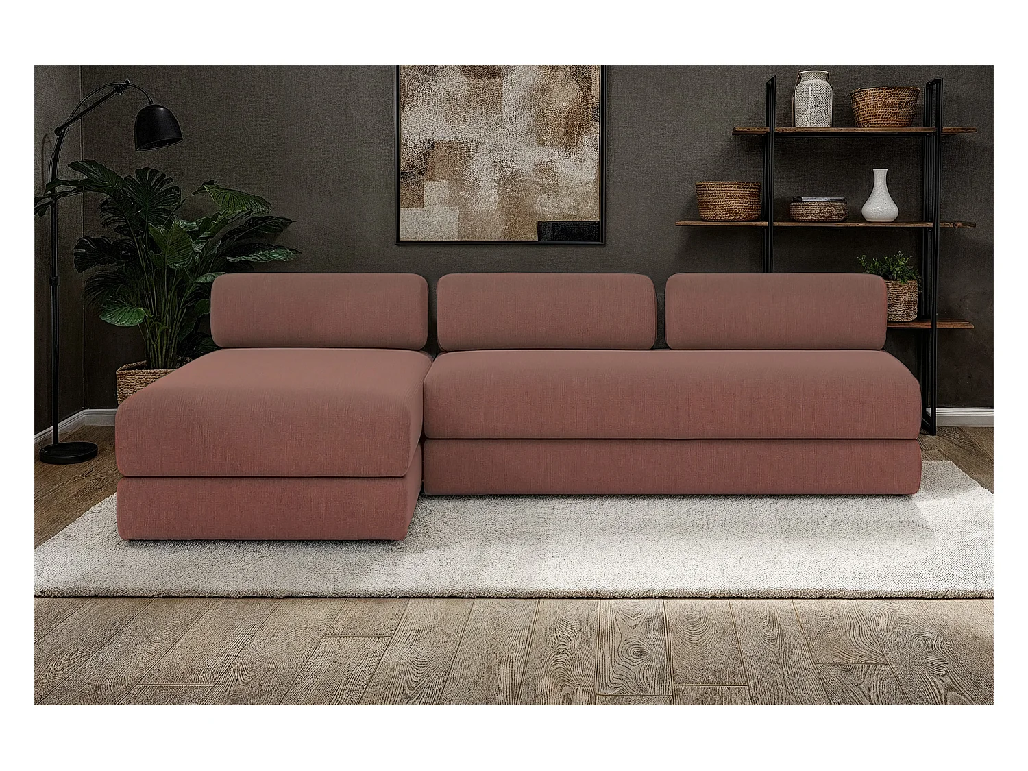 Canapé d'angle modulable et convertible 6 places - Tissu lisse - Terracotta