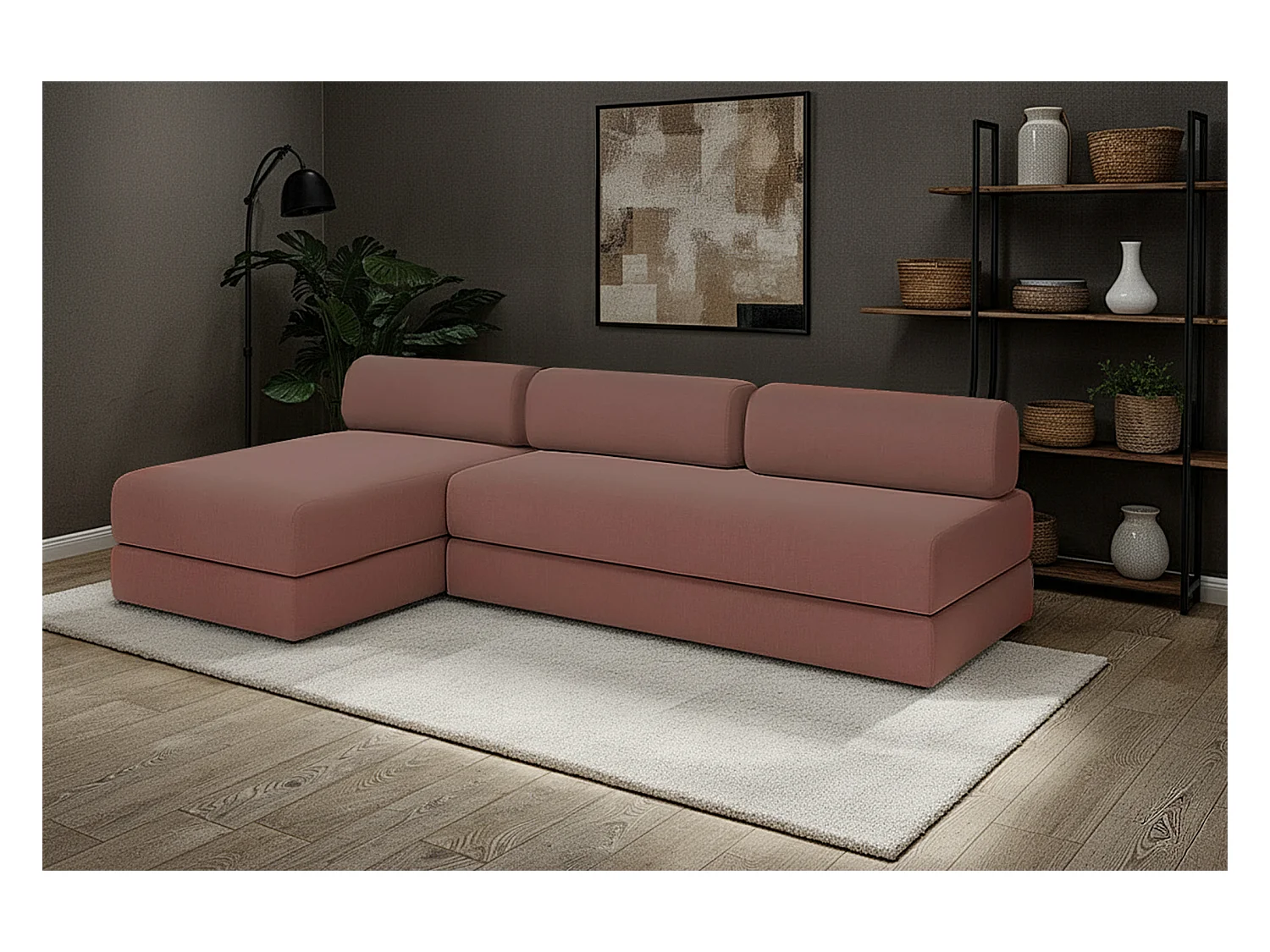 Canapé d'angle modulable et convertible 6 places - Tissu lisse - Terracotta