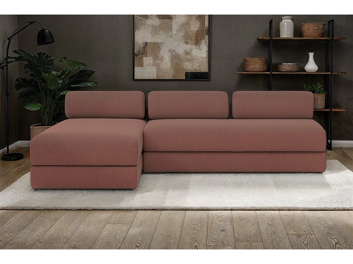 Canapé d'angle modulable et convertible 6 places - Tissu lisse - Terracotta