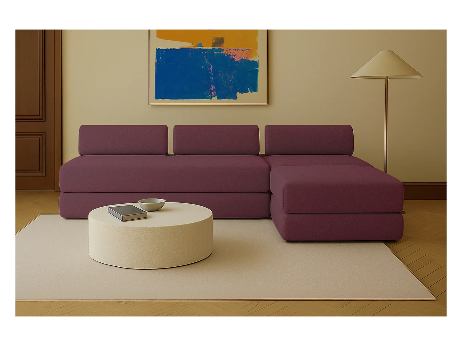 Canapé d'angle modulable et convertible 6 places - Tissu lisse - Rouge