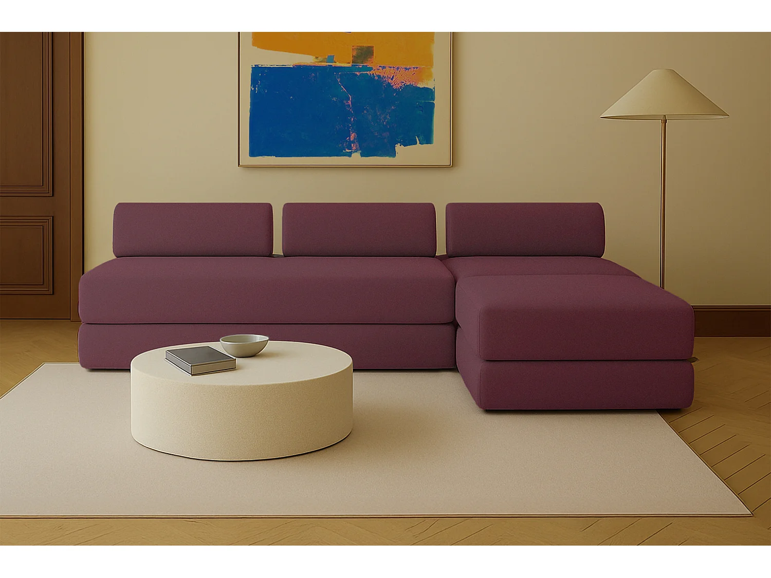 Canapé d'angle modulable et convertible 6 places - Tissu lisse - Rouge