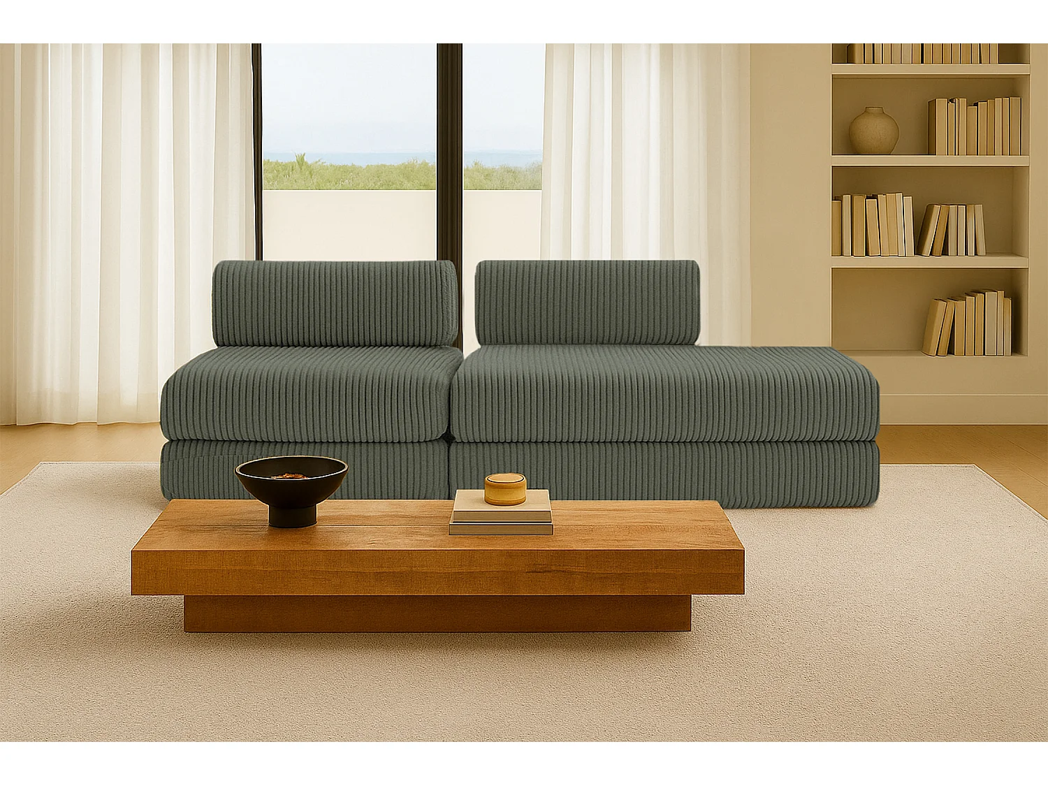 Canapé droit modulable et convertible 3 places - Velours côtelé XL - Vert