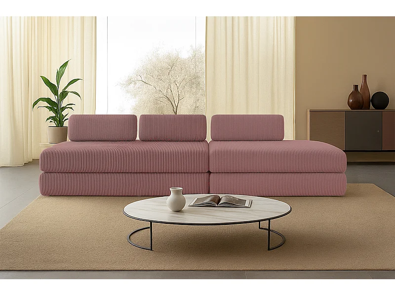 Canapé droit modulable et convertible 5 places - Velours côtelé - Rose