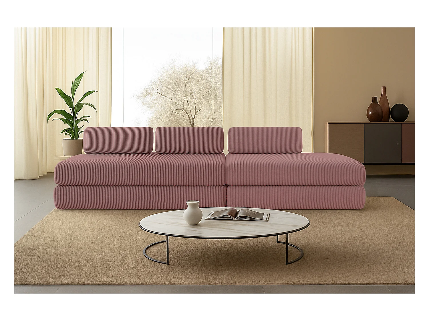 Canapé droit modulable et convertible 5 places - Velours côtelé - Rose