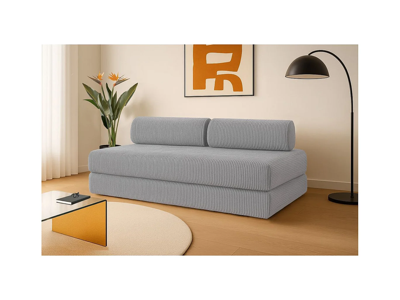 Canapé droit modulable et convertible 3 places - Velours côtelé - Gris clair